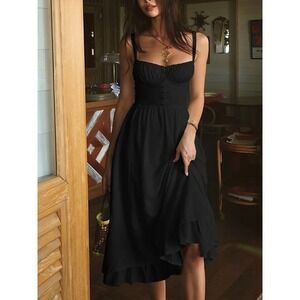 Commense Black Spaghetti Strap Midi Dress‎ Ruffle Hem Cami Summer Cocktail S